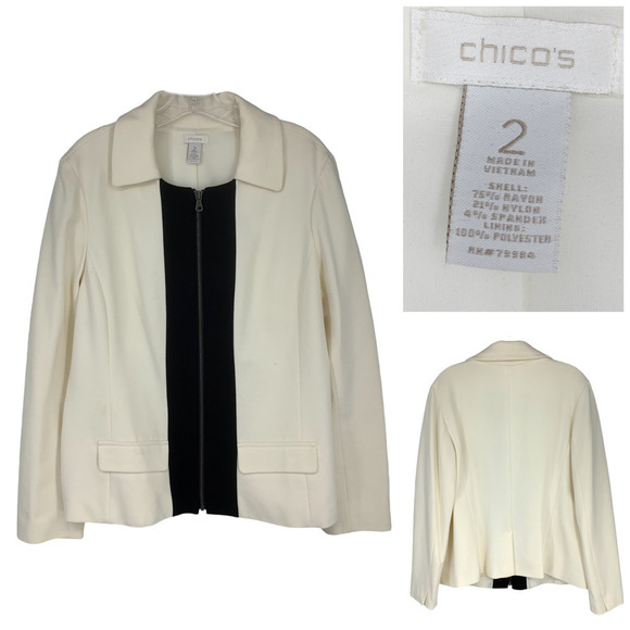 Chico's Sz 2 L Black & White Tuxedo Stripe Placket Ponte Knit Zip Jacket Lined - Picture 2 of 7